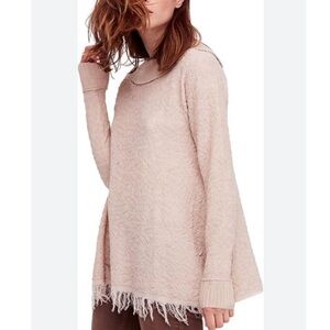 Free People Broken Glass Tunic Pullover Fringe Hem Crinkle Detail Pink Sweater
